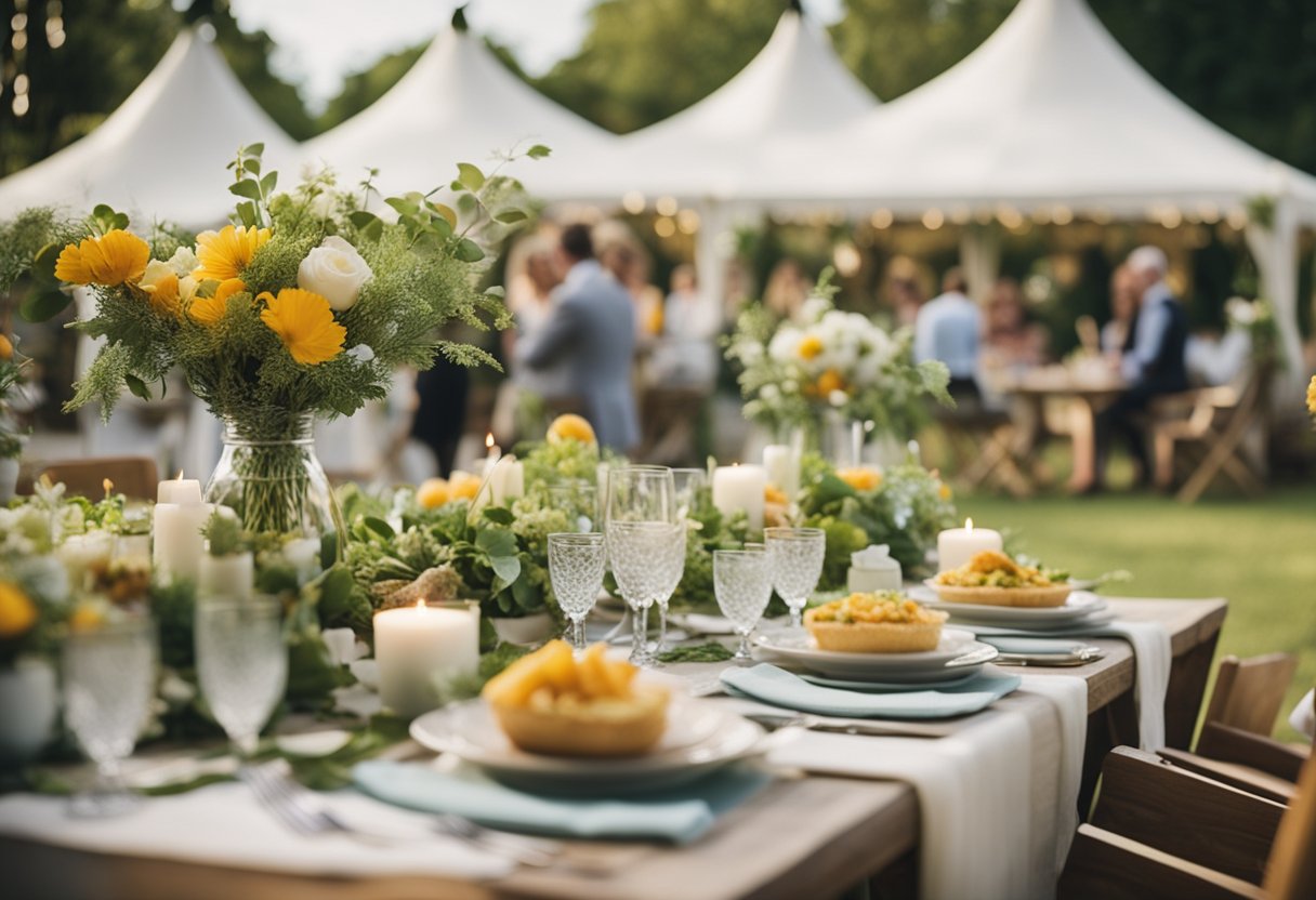 A beautifully decorated outdoor wedding ceremony with reusable decorations, compostable dinnerware, and guests using reusable cups and utensils