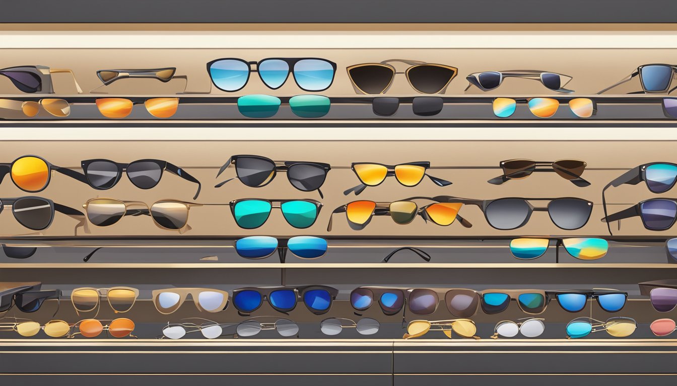 Gleaming designer sunglasses displayed on a sleek, modern shelf in a high-end boutique