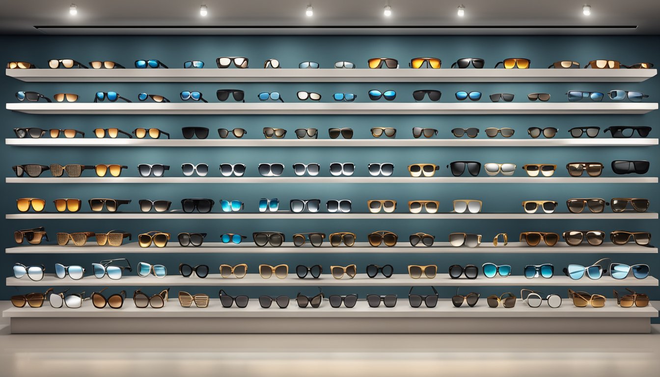 A display of high fashion sunglasses brands arranged on a sleek and modern display shelf, with spotlights highlighting the stylish designs and luxurious details