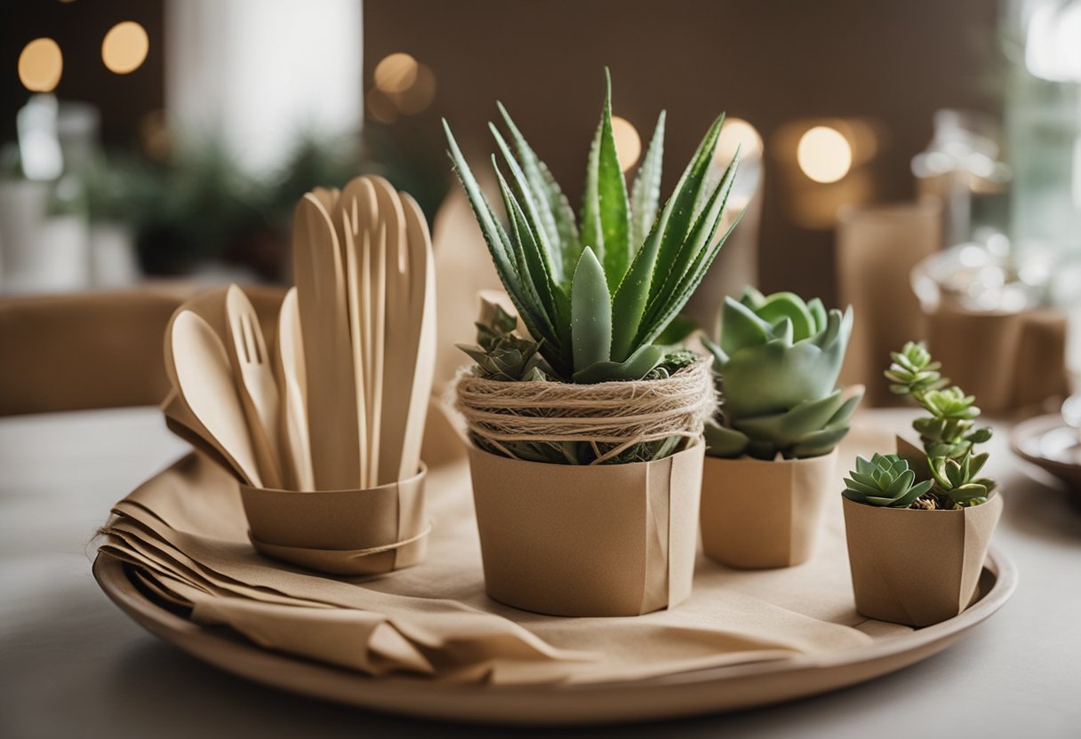 A table adorned with reusable bamboo utensils, potted succulents, and recycled paper gift bags. Zero waste wedding favors and gifts displayed elegantly