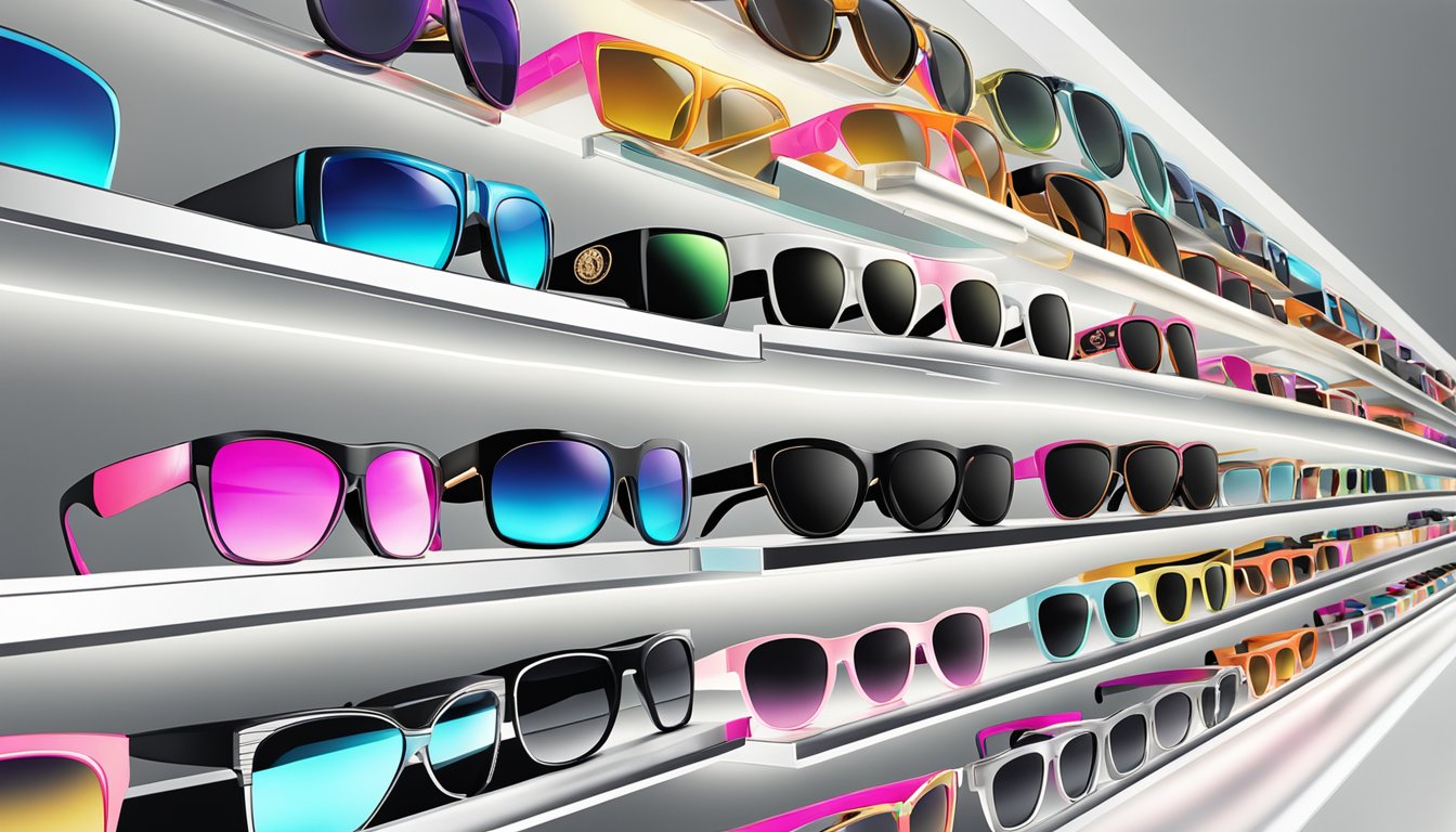 A display of high fashion sunglasses brands, arranged on a sleek, modern shelf with bright lighting to showcase their stylish designs