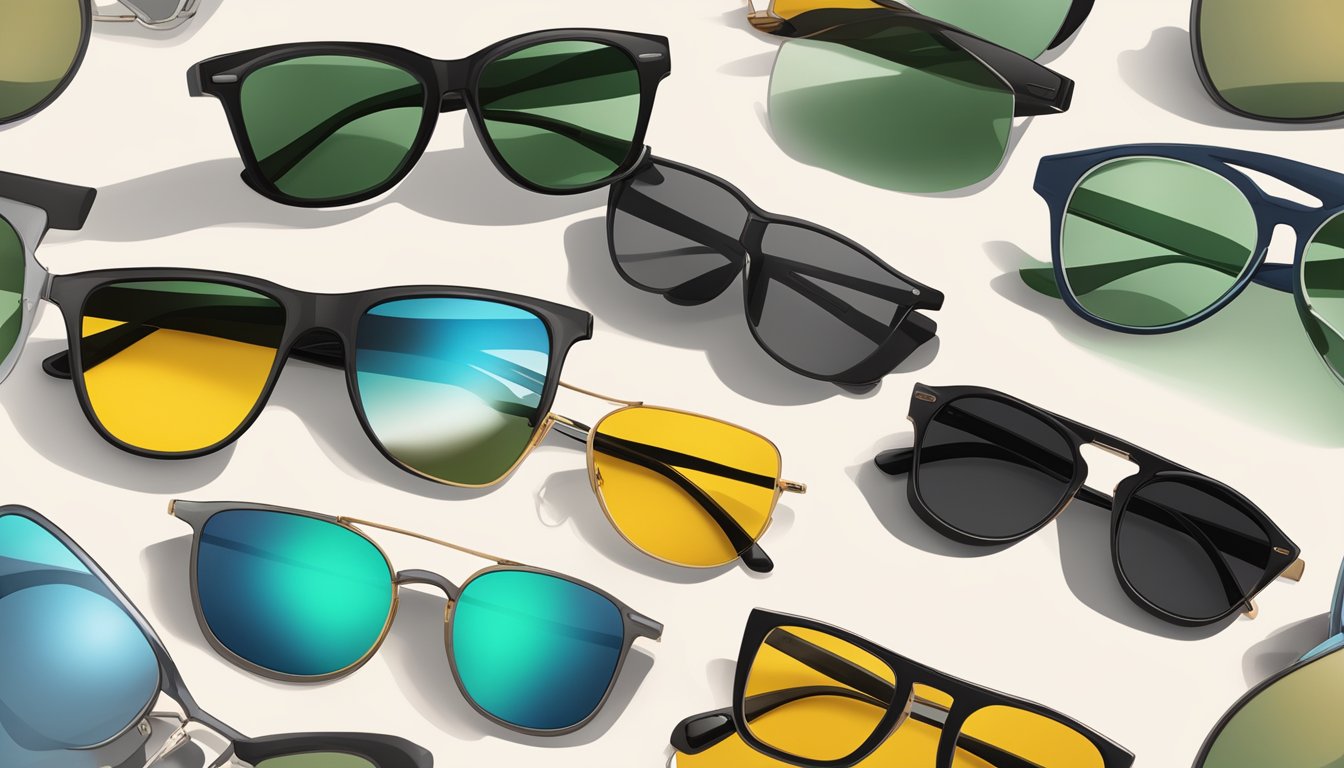 A display of stylish sunglasses with eco-friendly materials, recyclable packaging, and fair trade certification