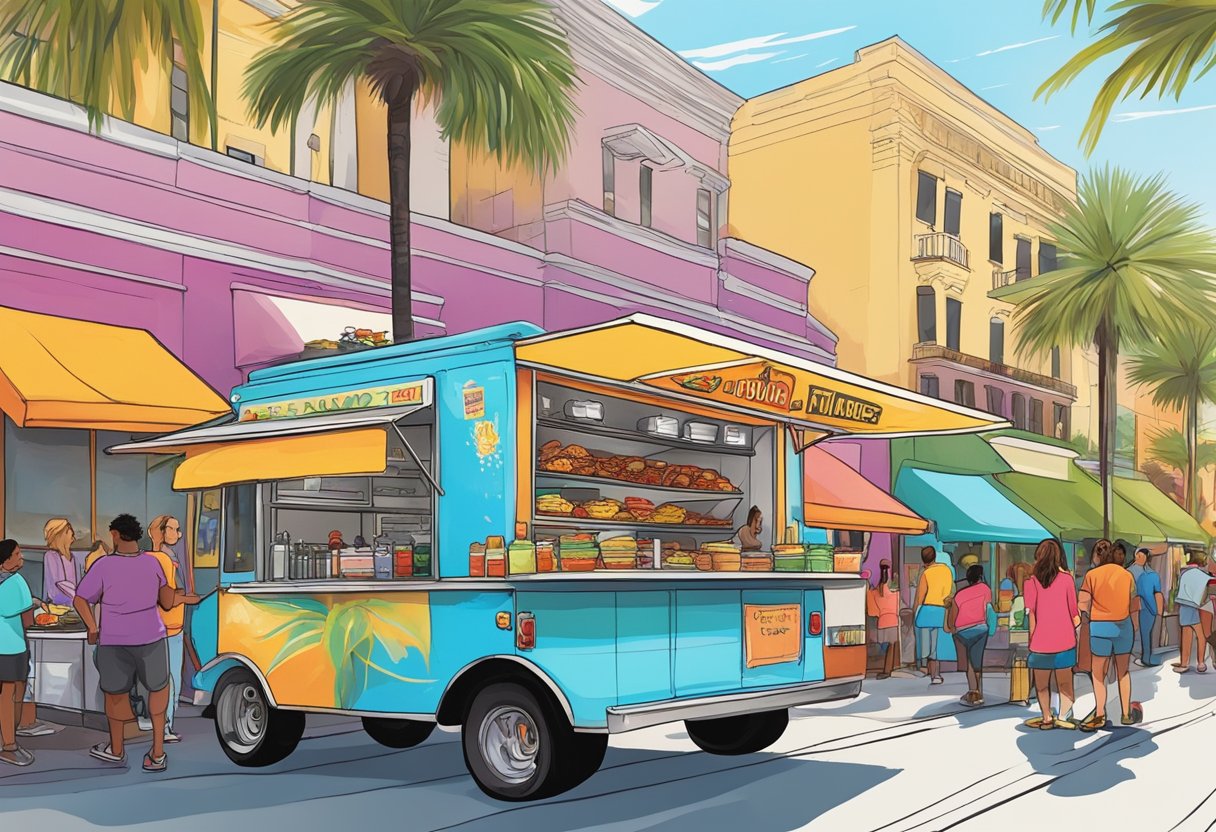 Colorful food trucks line the streets, each serving up unique and mouthwatering dishes. Aromas of sizzling meats and exotic spices fill the air, as customers eagerly line up to sample the distinctive flavors of Orlando's vibrant food truck scene