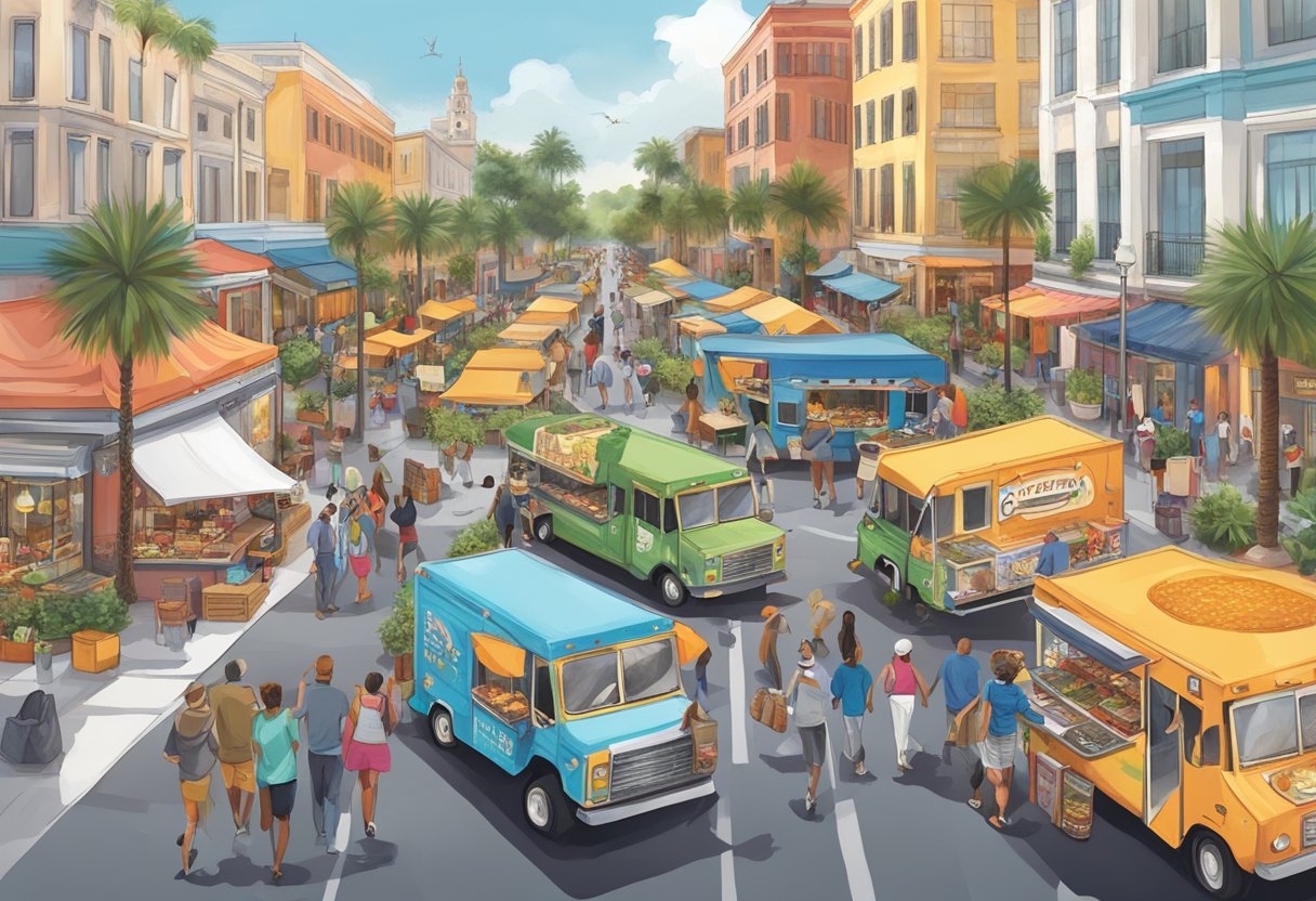 A bustling street lined with vibrant food trucks, each adorned with unique designs and serving a variety of cuisines, creating a lively and diverse culinary community in Orlando