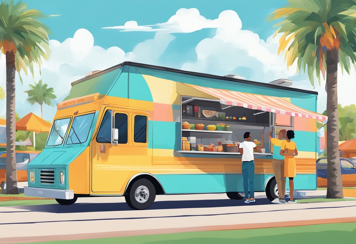 Customers enjoying diverse food trucks in Orlando, with colorful exteriors and delicious aromas wafting through the air