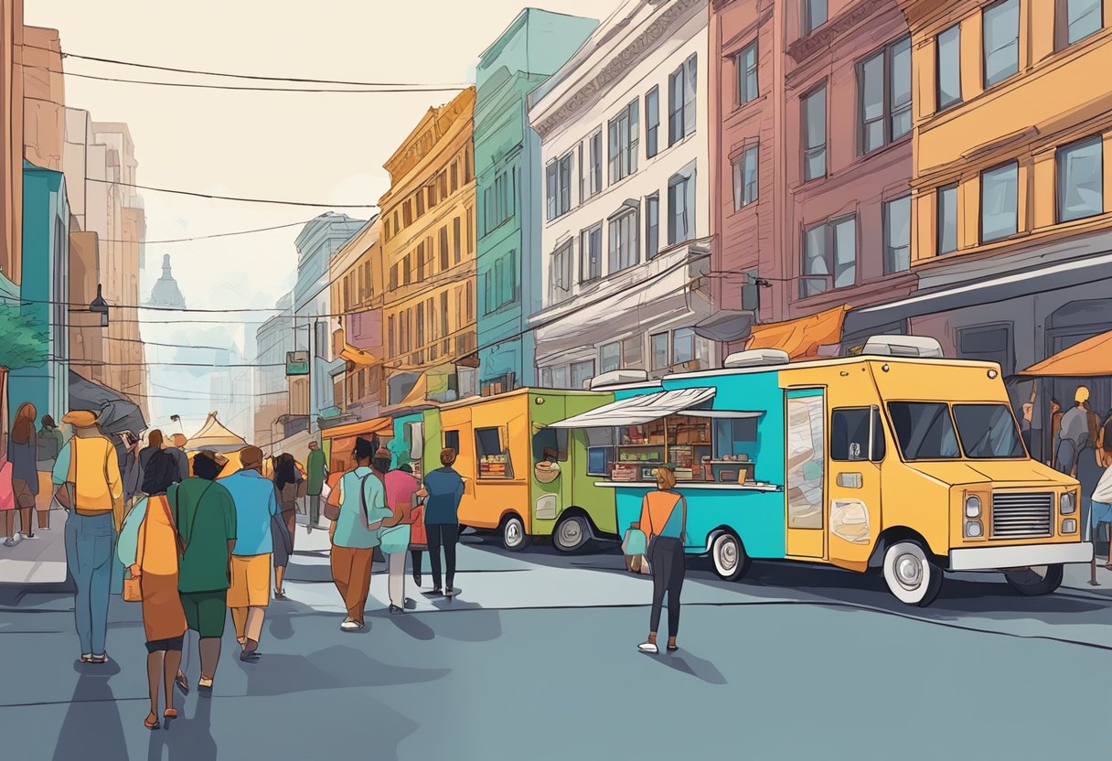 A row of colorful food trucks lines the street, with customers sampling unique dishes. Traditional restaurants stand in the background, creating a contrast in dining options