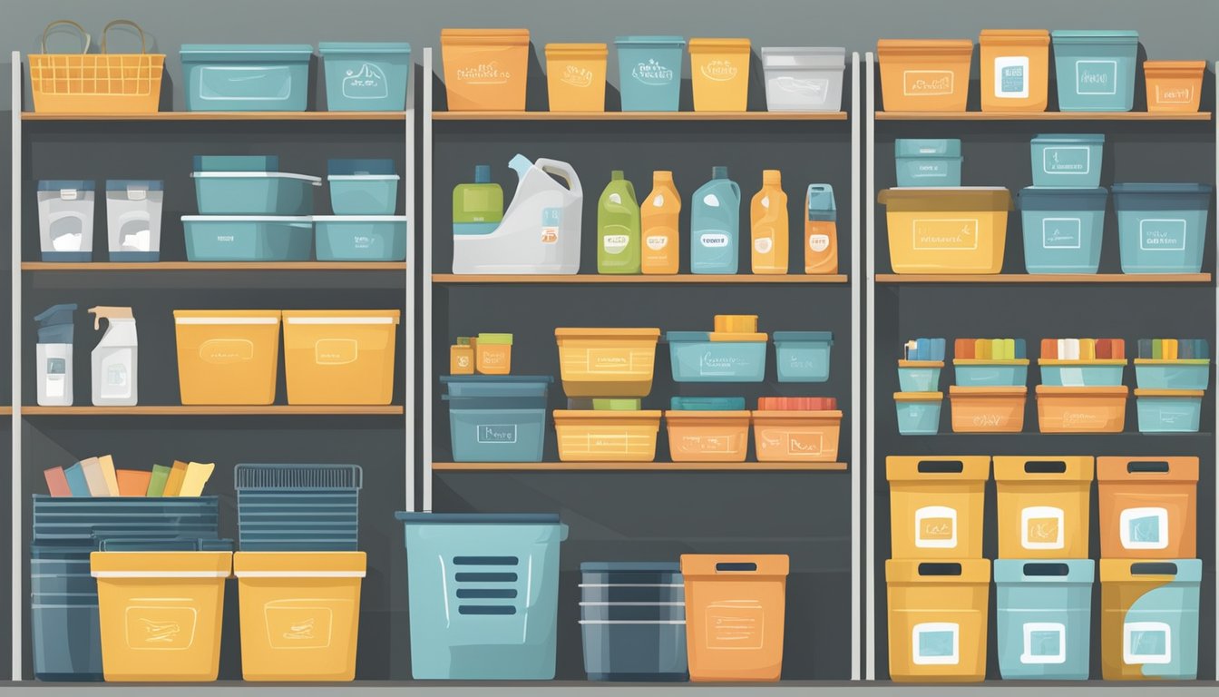 Various home organization brands displayed on shelves with neatly arranged storage bins, baskets, and containers. Labels and logos are visible