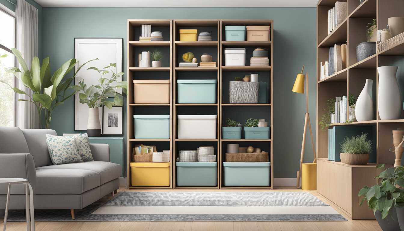 A tidy living room with labeled storage bins and shelves for popular home organization brands