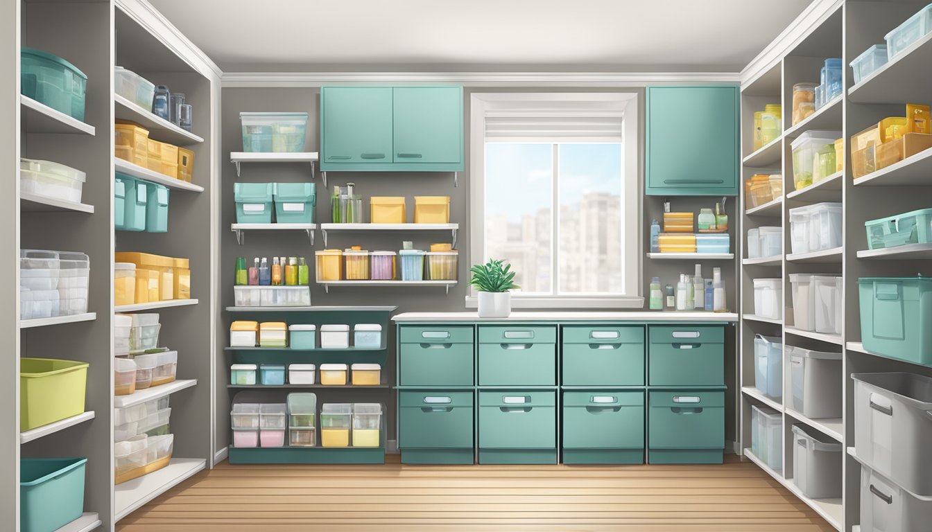 The room is neatly organized with labeled bins, hanging organizers, and shelves for home organization products