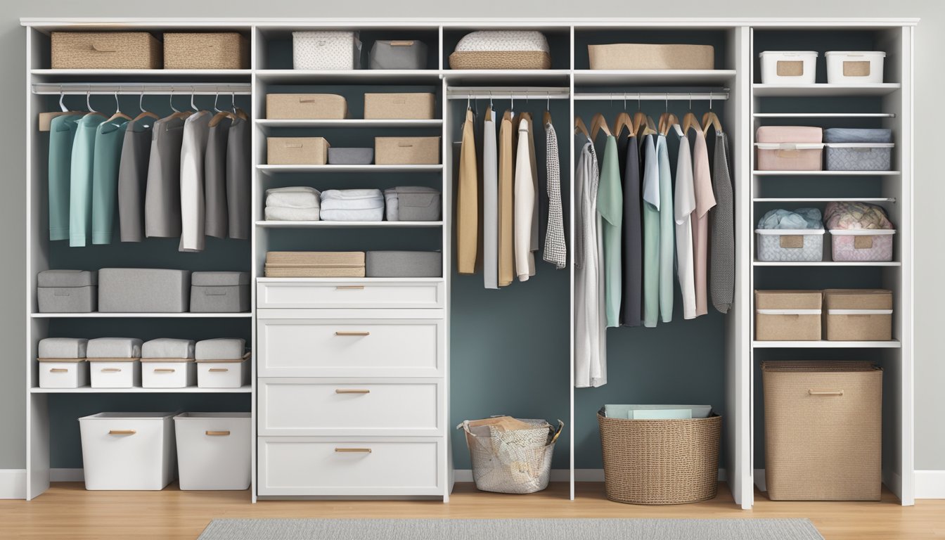 A neat and tidy closet with labeled storage bins and hanging organizers from top home organization brands