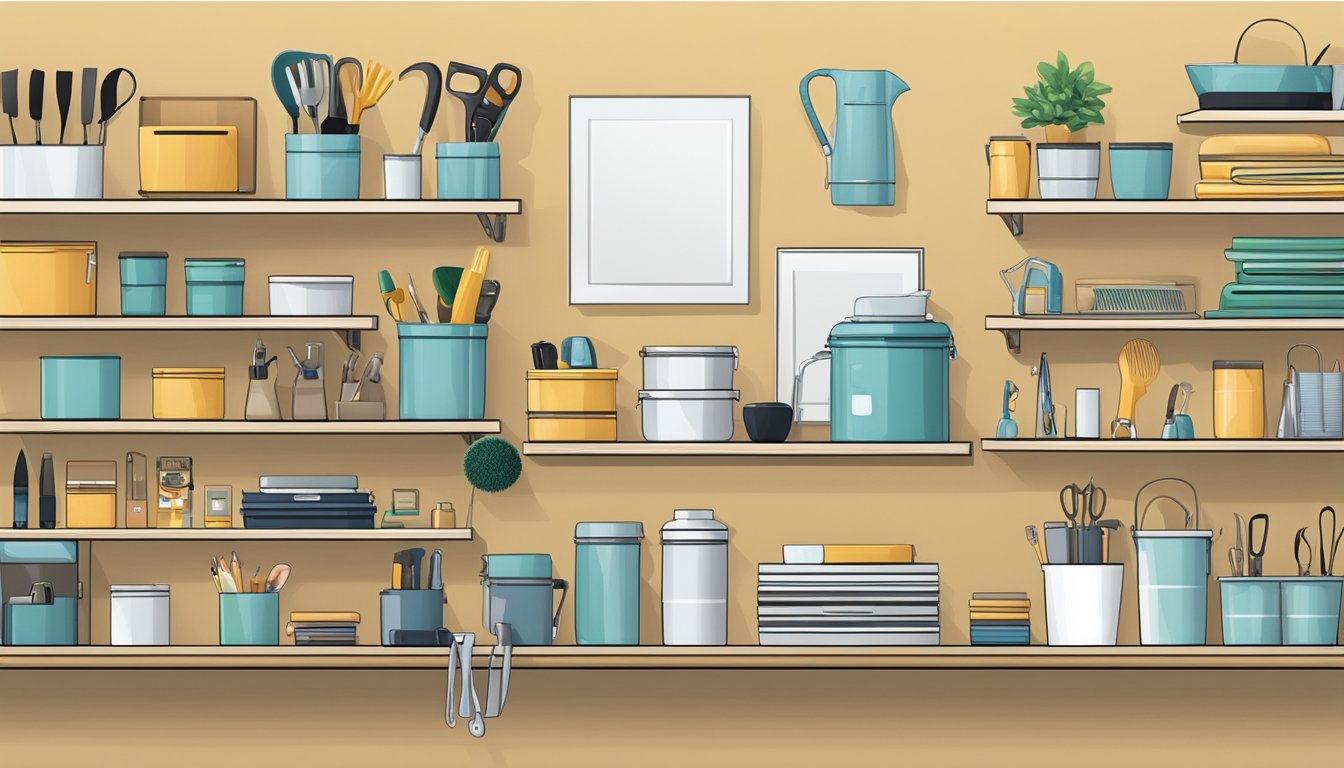 Various home organization brands' accessories and tools neatly displayed on shelves and hooks, creating a clean and tidy space
