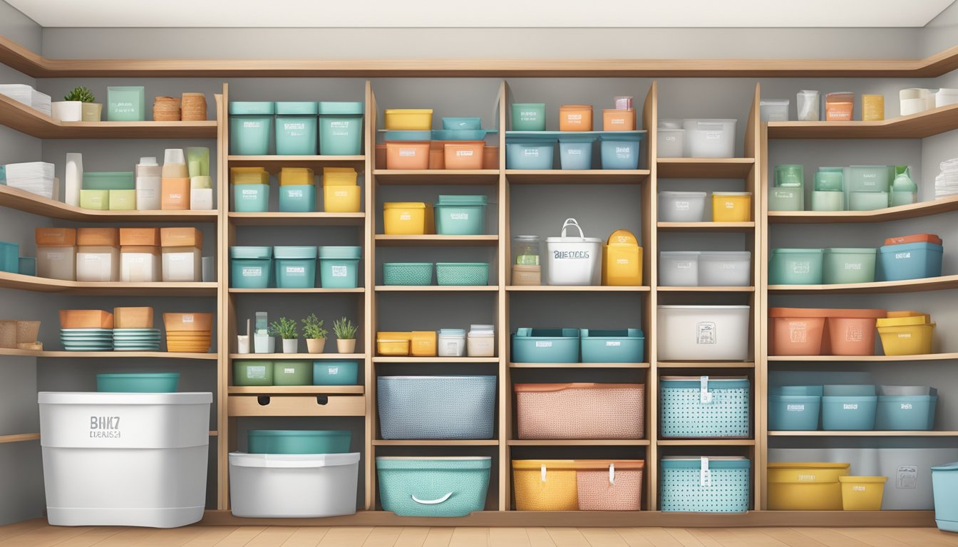 A neatly arranged shelf with labeled bins and baskets for various home organization brands