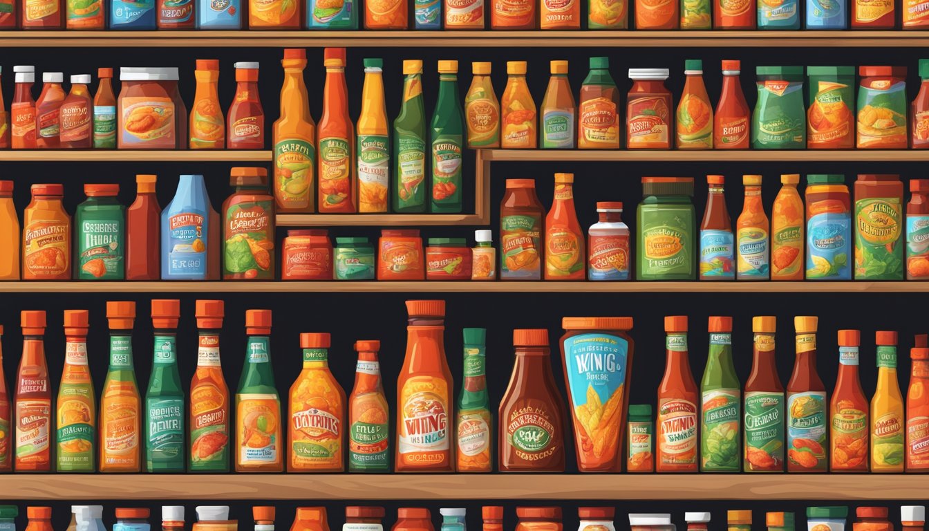A variety of hot wing sauce bottles displayed on a shelf, with vibrant labels and different sized containers