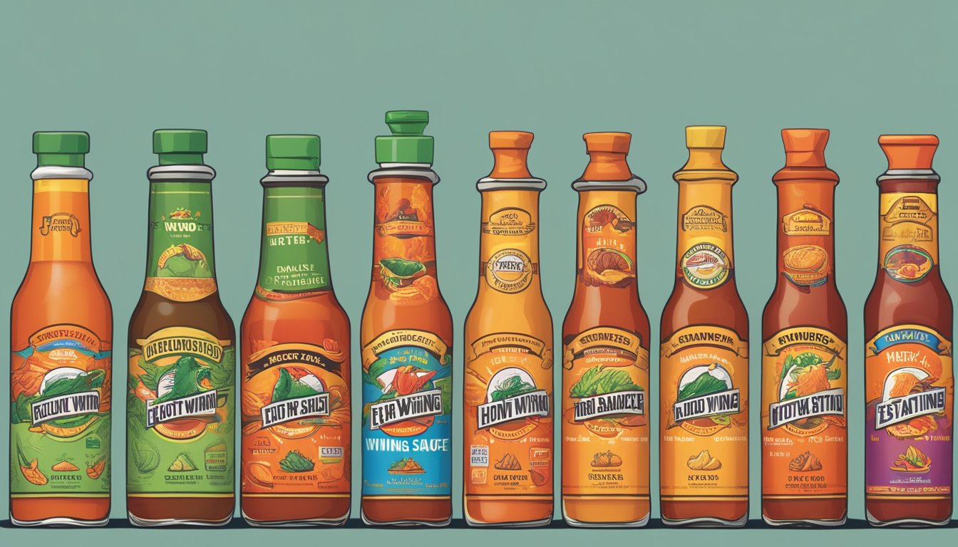 A lineup of hot wing sauce bottles, ranging from mild to extra hot, with labels displaying the evolution of hot wing sauce brands over time