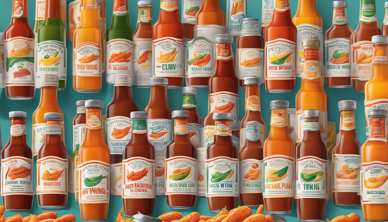 A table with various bottles of hot wing sauce, each with distinct branding and labels, arranged in an eye-catching display