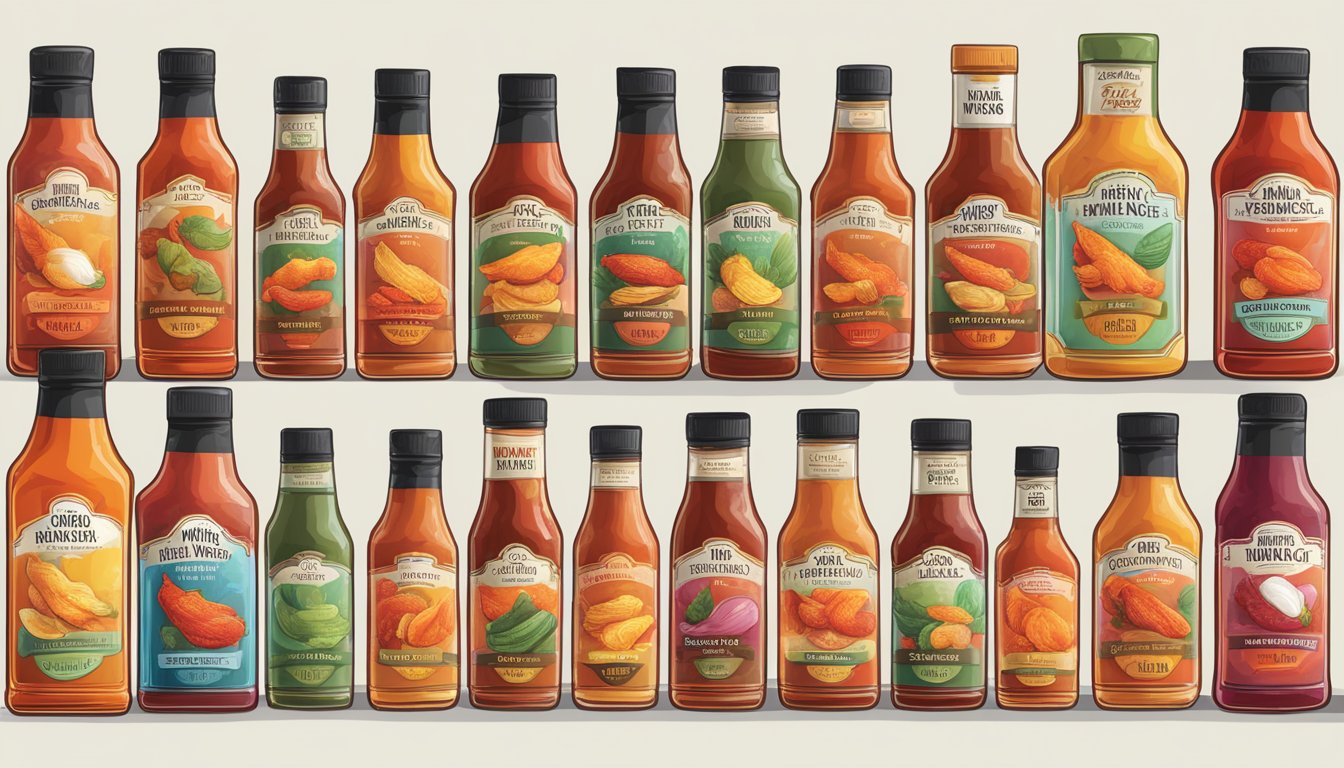 A table filled with various hot wing sauce bottles, each labeled with different flavor profiles and ingredients