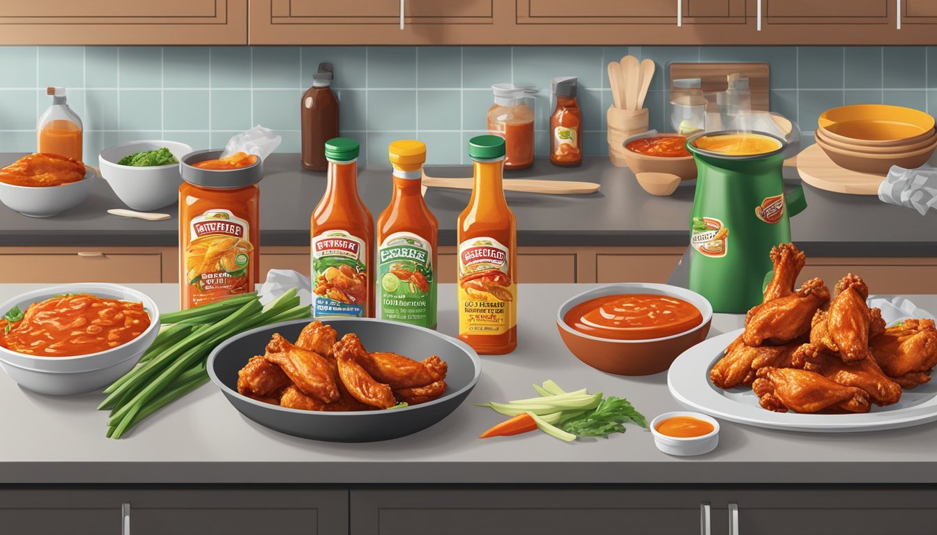 Various hot wing sauce bottles and ingredients are spread across a kitchen counter, with a pot of sizzling chicken wings being tossed in the spicy sauces