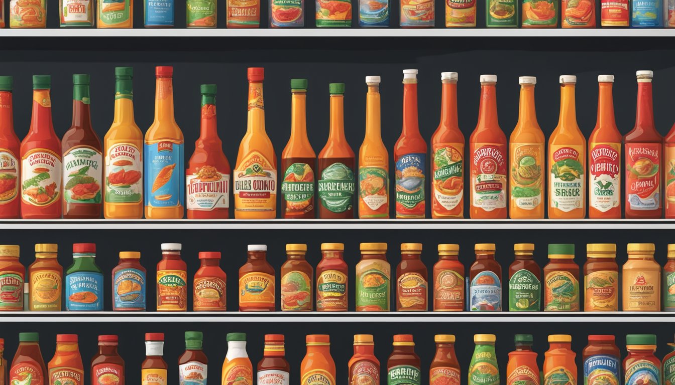 Various hot wing sauce bottles arranged on a shelf, with labels prominently displayed. A "Frequently Asked Questions" sign is visible next to the display