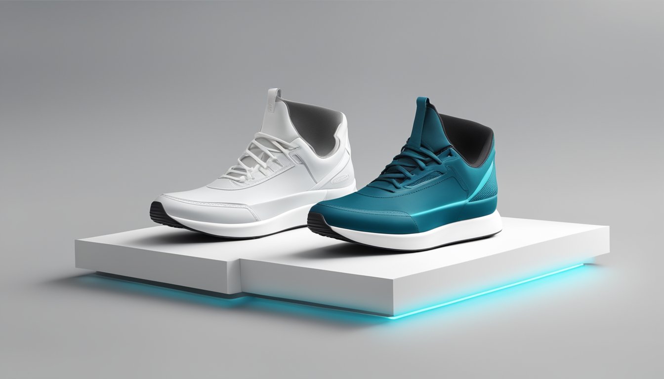 A pair of hybrid brand shoes placed on a sleek, modern display stand, with the brand logo prominently featured on the side
