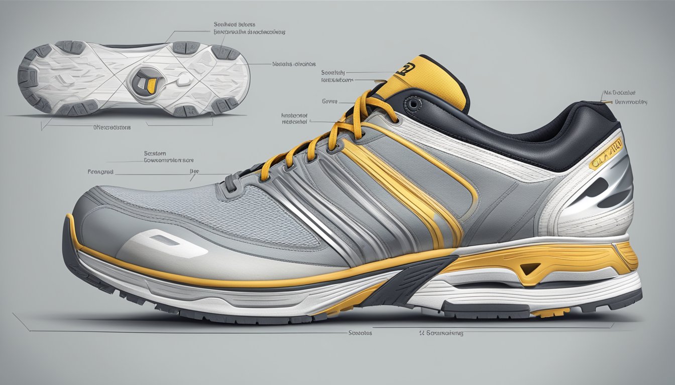 A close-up of hybrid brand shoes with a detailed breakdown of design and materials