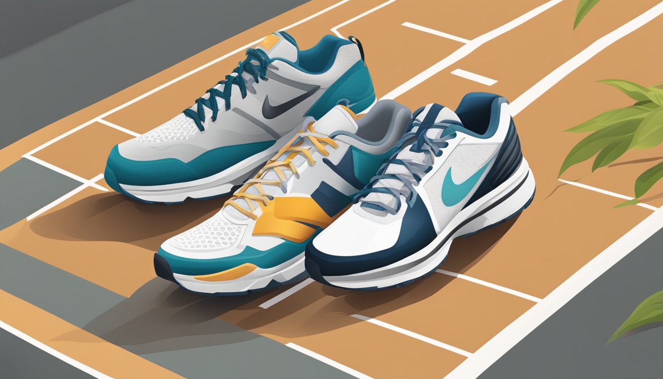 A pair of hybrid brand shoes is shown seamlessly transitioning from a running track to a basketball court, then to a hiking trail