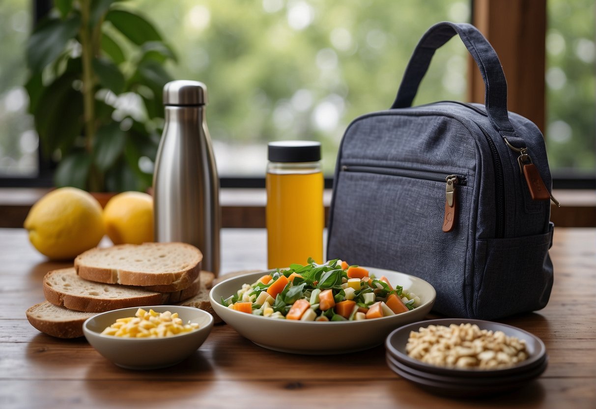 A lunch bag, stainless steel container, cloth napkins, and bamboo utensils arranged on a wooden table. Glass water bottle and reusable snack bags nearby.