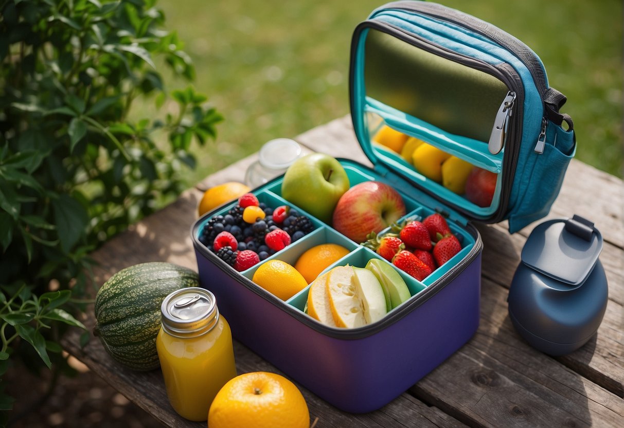 A reusable lunchbox filled with fresh fruits, vegetables, and snacks. Cloth napkins and stainless steel utensils neatly placed alongside a reusable water bottle. No single-use plastic or disposable items in sight. Embracing a zero waste lunch setup. 
