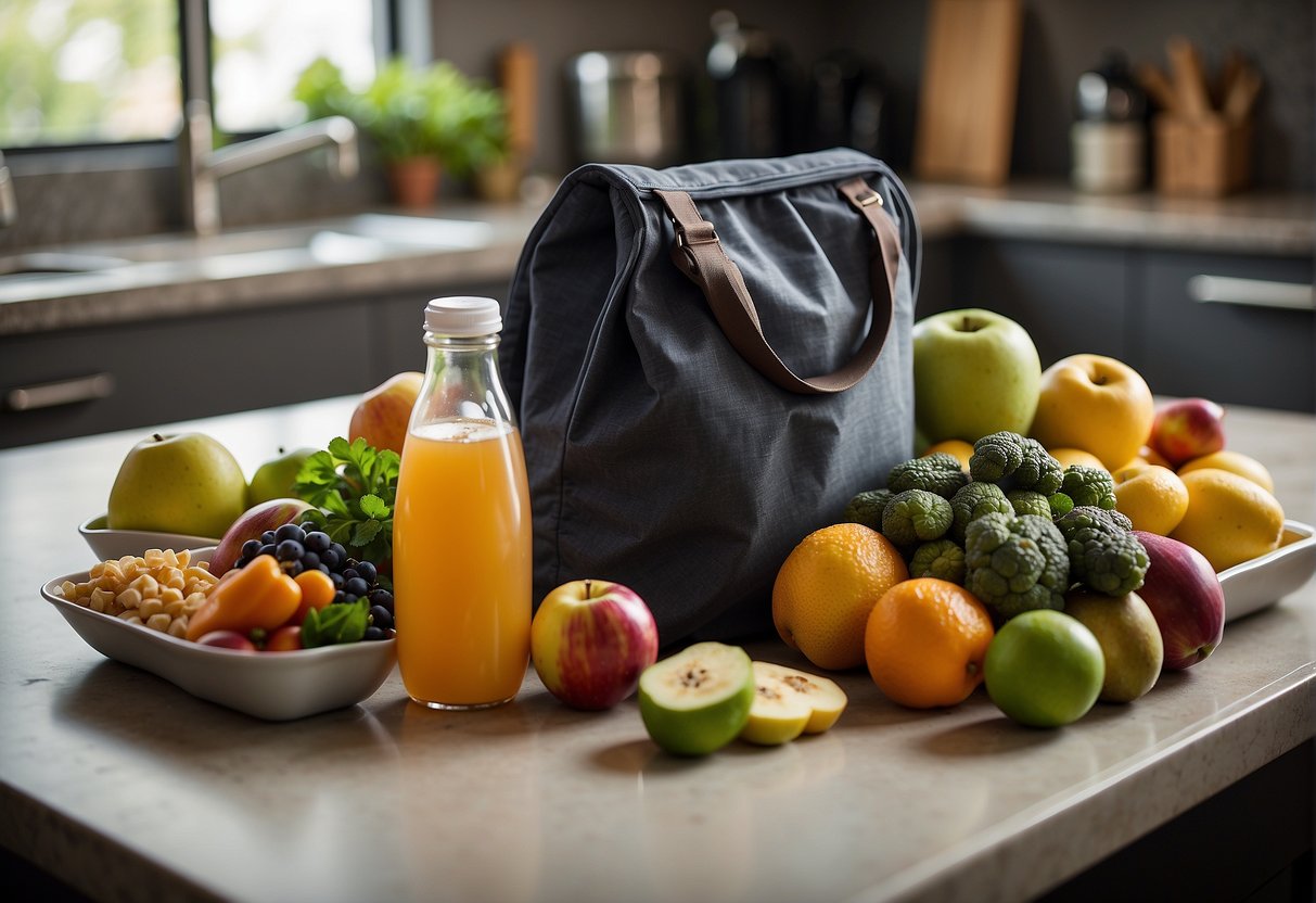 A reusable lunch bag sits on a countertop, filled with a variety of fresh fruits, vegetables, and snacks. A reusable water bottle and utensils are neatly packed alongside a cloth napkin
