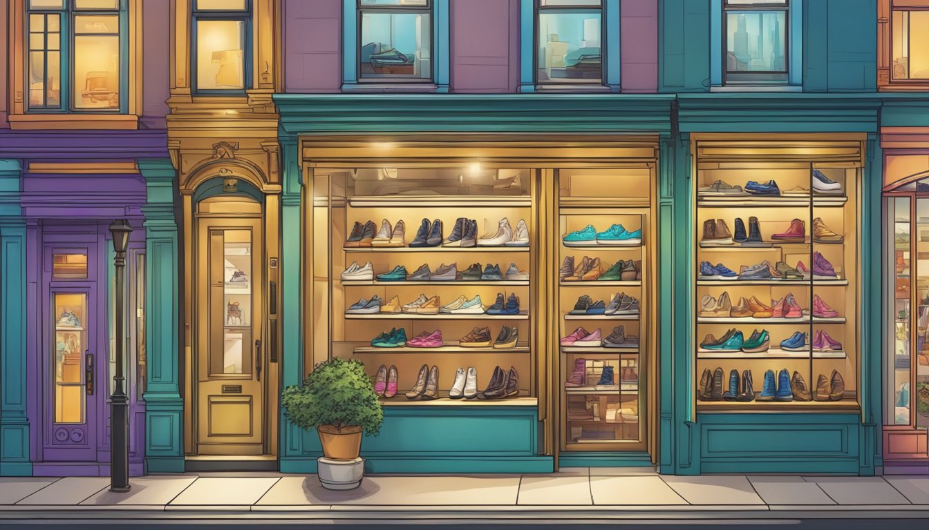 Vibrant storefronts showcase unique shoe designs, with colorful displays and creative branding. Customers admire the craftsmanship and individuality of the independent shoe brands