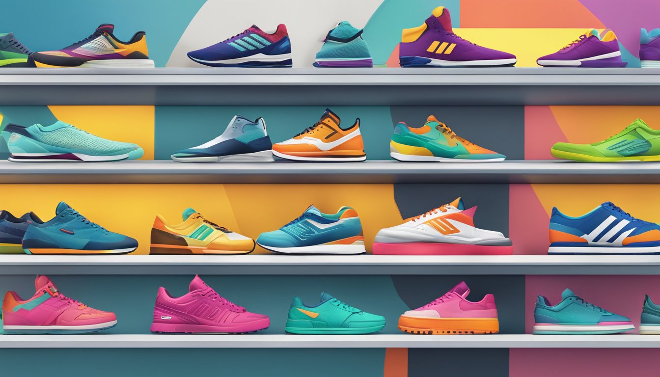 A row of vibrant, unique sneakers line a display shelf, each bearing the logo of an independent shoe brand. The shoes stand out against a clean, modern backdrop, showcasing the rise of independent sneaker brands