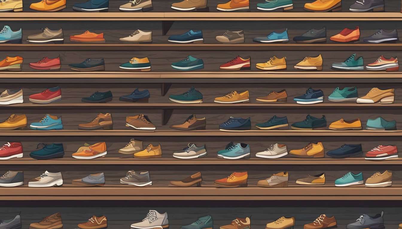 A collection of unique shoe designs displayed on rustic wooden shelves in a cozy, well-lit boutique