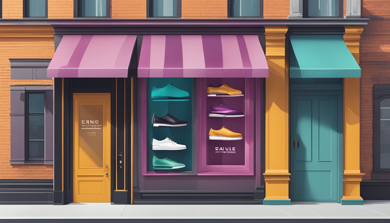A shoe brand logo stands out on a sleek storefront. Bold colors and modern typography catch the eye of passersby