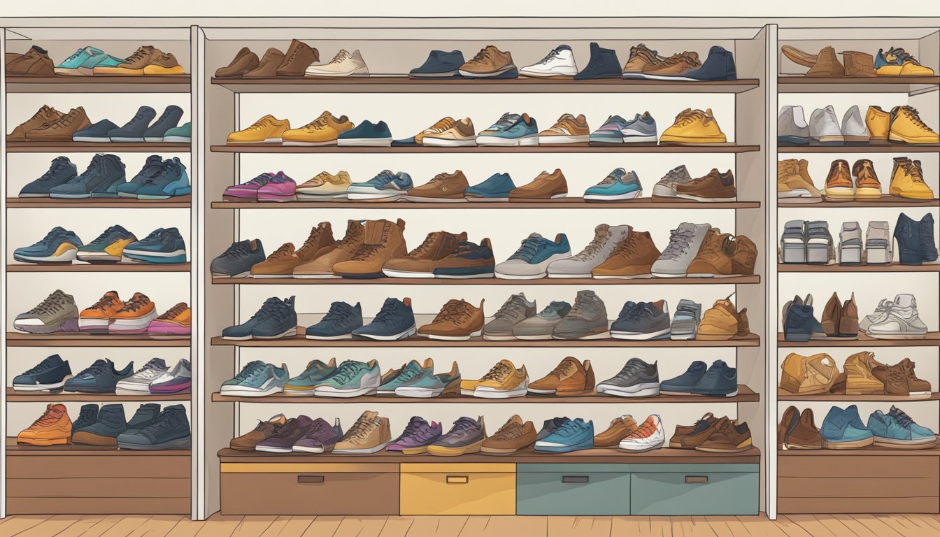 A collection of diverse shoe styles and designs displayed on shelves with a sign reading "Frequently Asked Questions independent shoe brands."