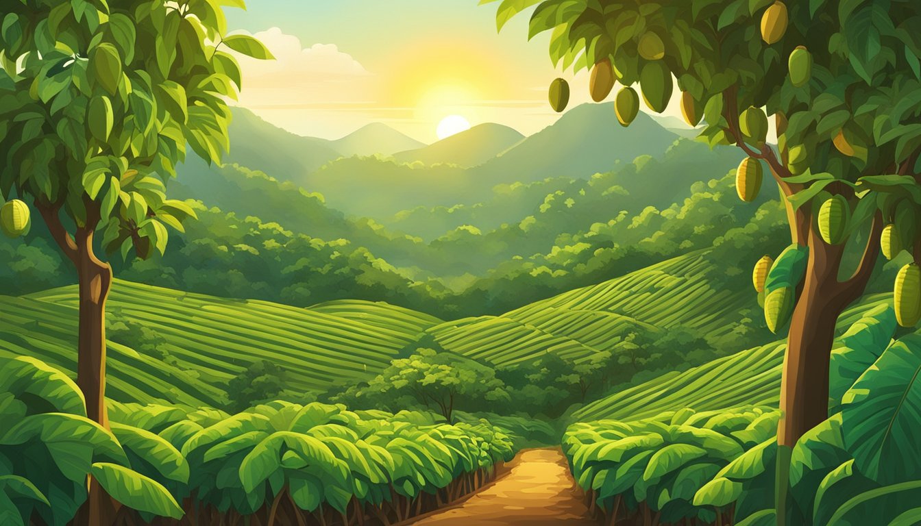 A lush Indonesian cacao farm with vibrant green trees and ripe cacao pods hanging from the branches. The sun is casting a warm glow over the scene, highlighting the rich and diverse landscape