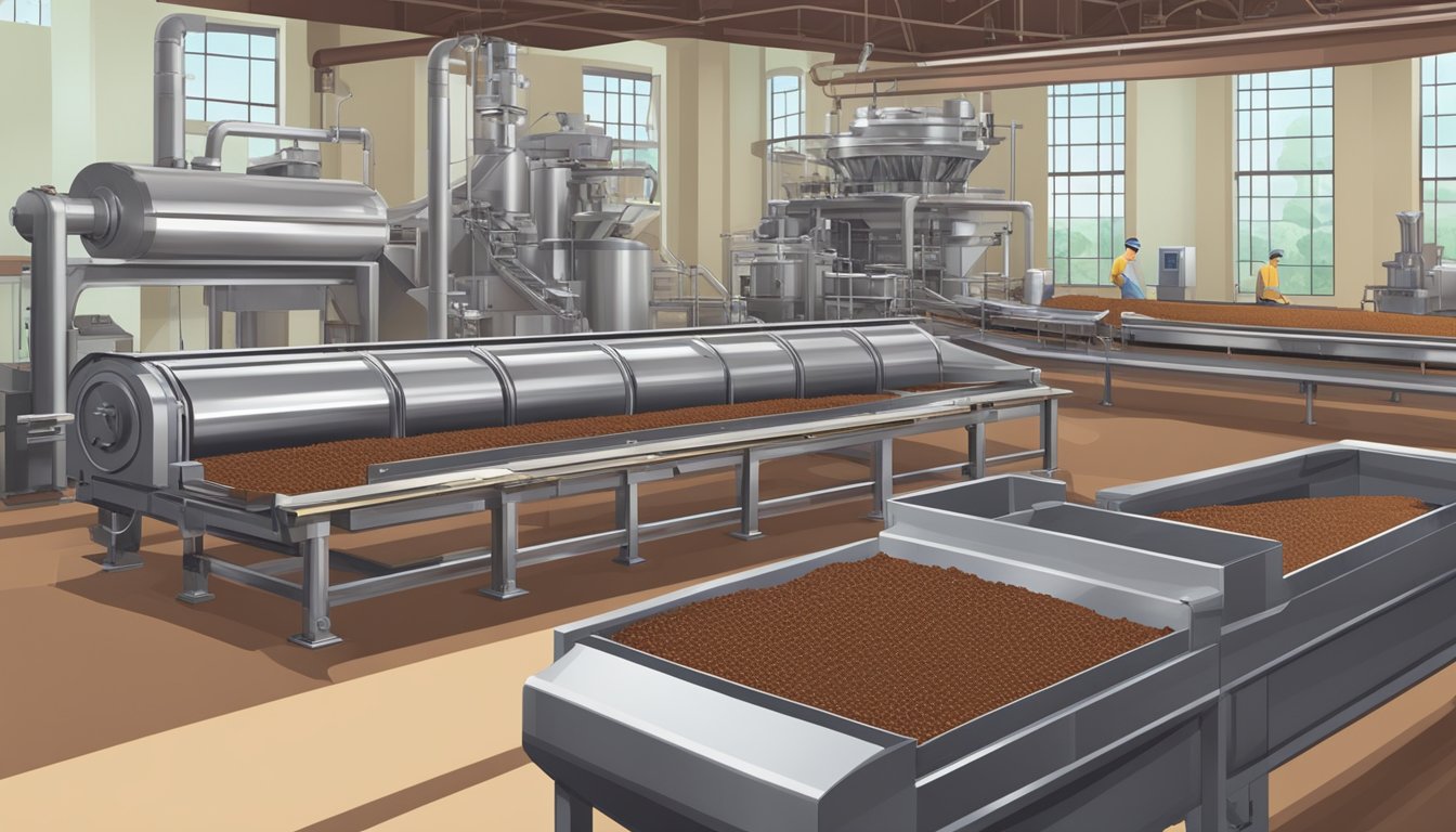 A chocolate factory with modern machinery and conveyor belts producing premium Indonesian chocolate