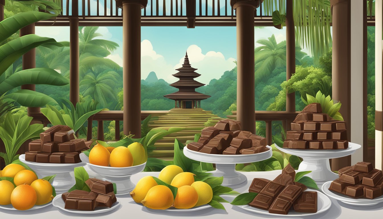 A table displays Indonesian chocolate bars, surrounded by cacao pods and tropical fruits, with a backdrop of lush greenery and traditional Indonesian architecture