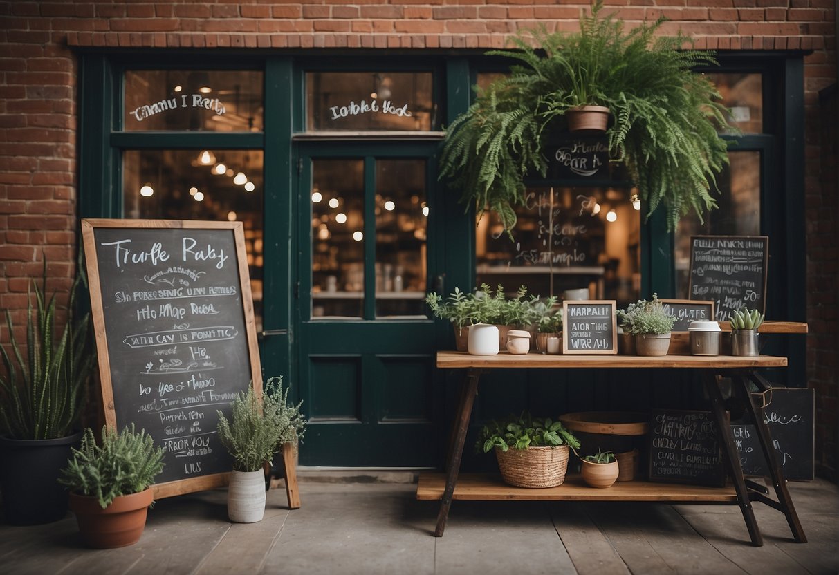 A cozy coffee shop with vintage decor and a chalkboard sign listing trendy baby names. Books and plants add to the hipster vibe