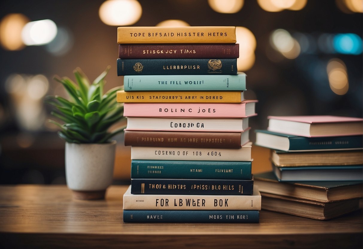 A group of baby name books stacked on a table, with the top book open to a page titled "Top 10 Hipster Girl Names 20 Top Hipster Baby Names for Girls and Boys in 2024."