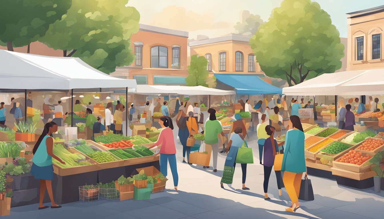 A bustling marketplace with diverse vendors and customers engaging in eco-friendly practices, showcasing sustainable products and fostering community connections
