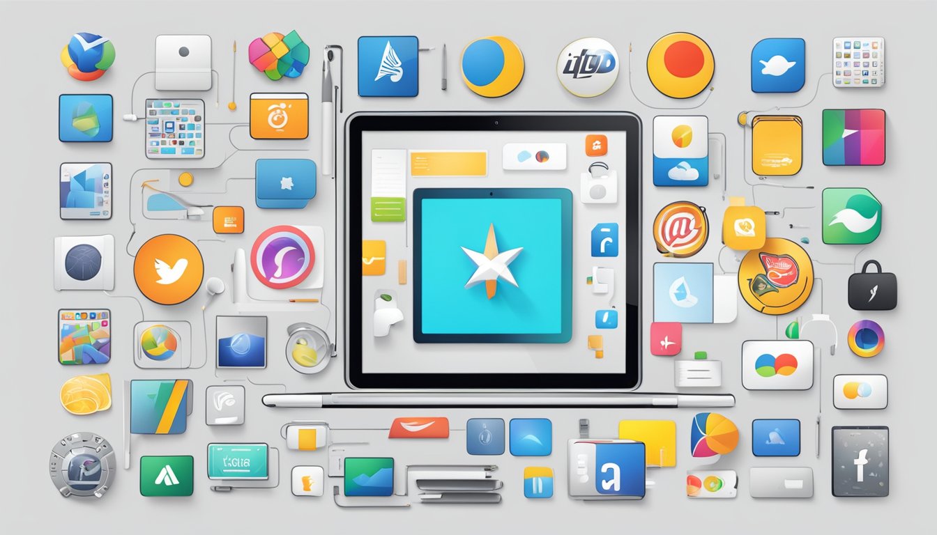 An iPad displaying various brand logos, surrounded by design and usability elements