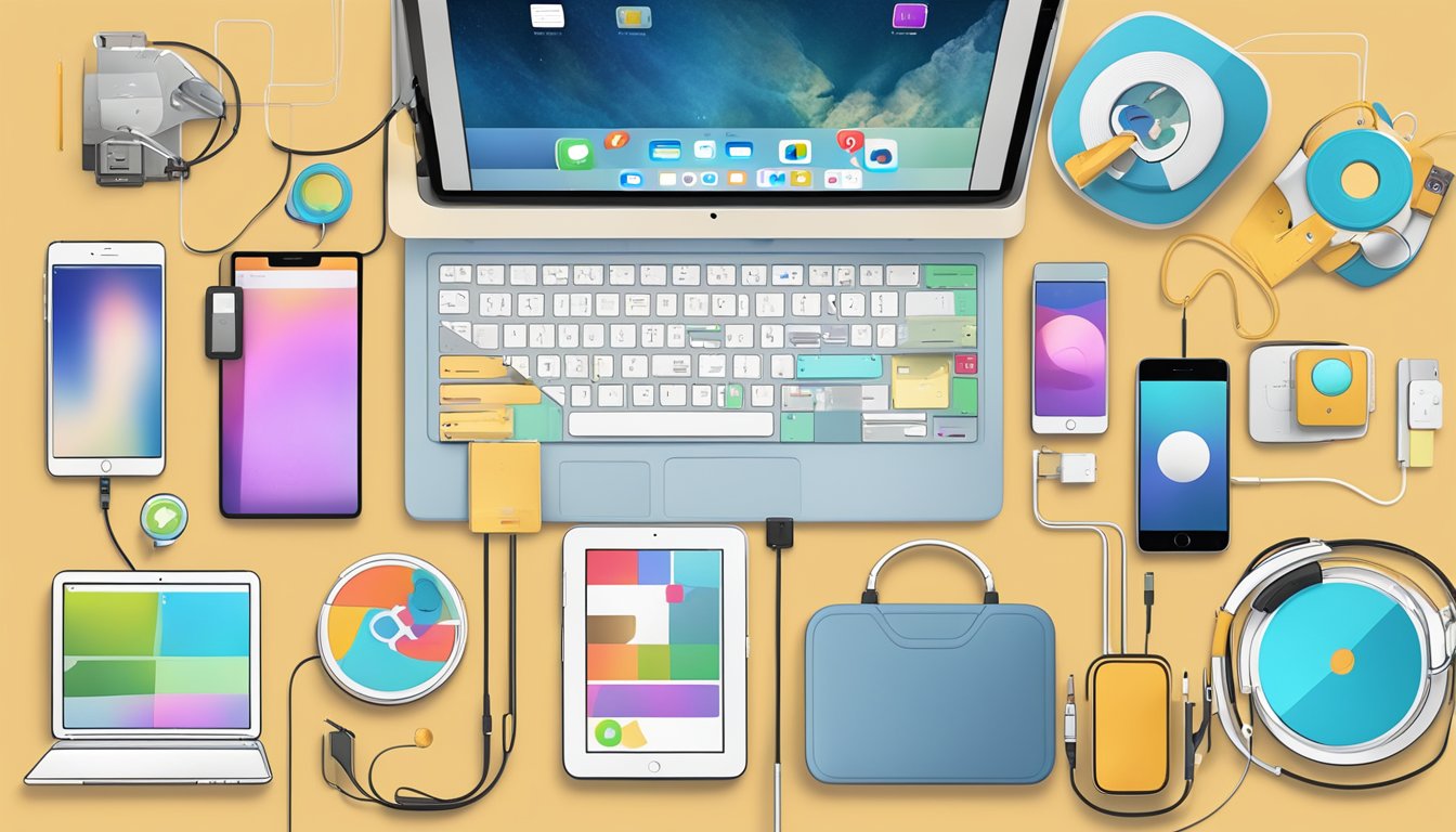 An iPad surrounded by various software icons, with an ecosystem of interconnected devices and accessories in the background