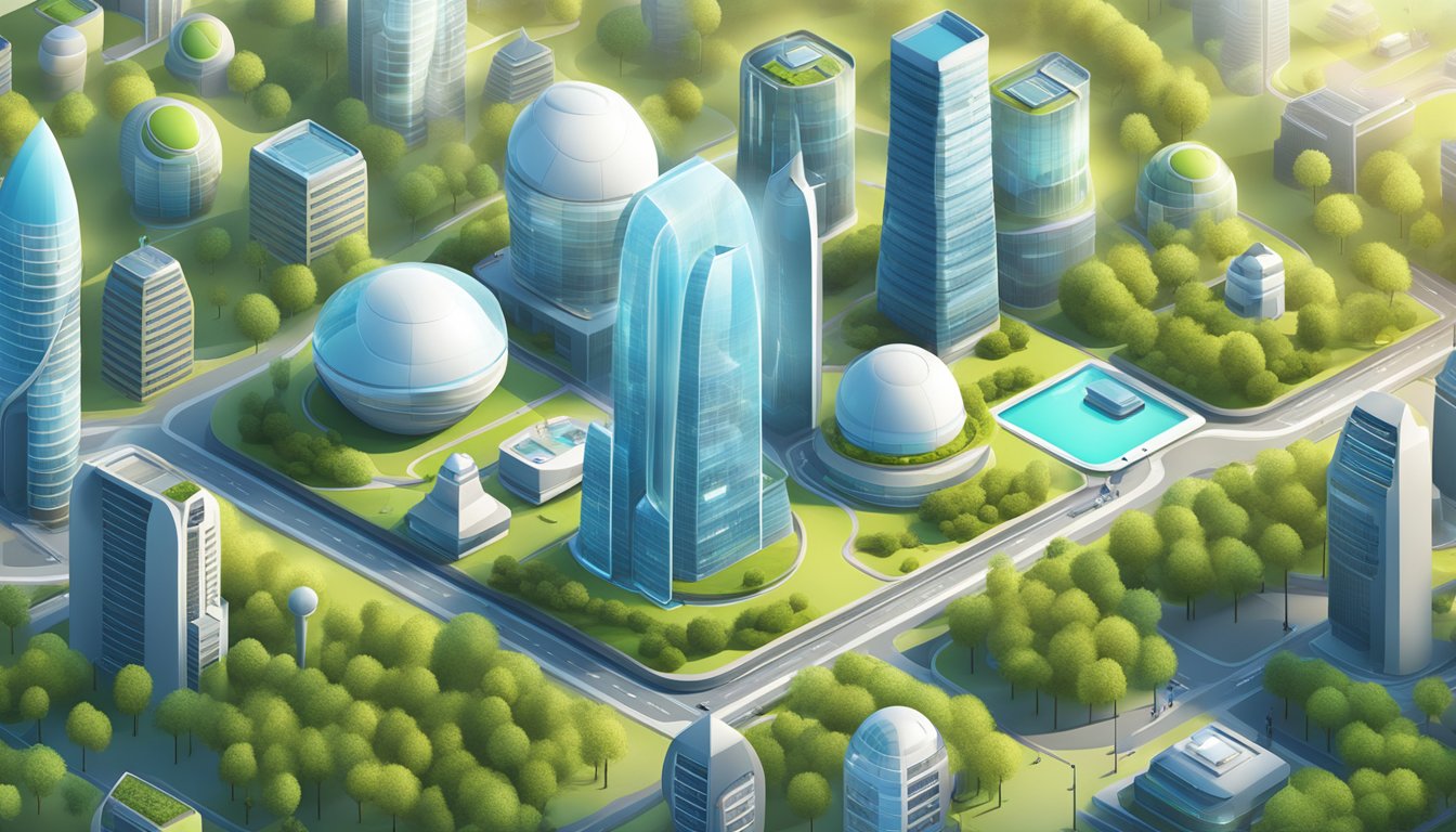A futuristic city skyline with sustainable energy sources and iconic iPad brands prominently displayed