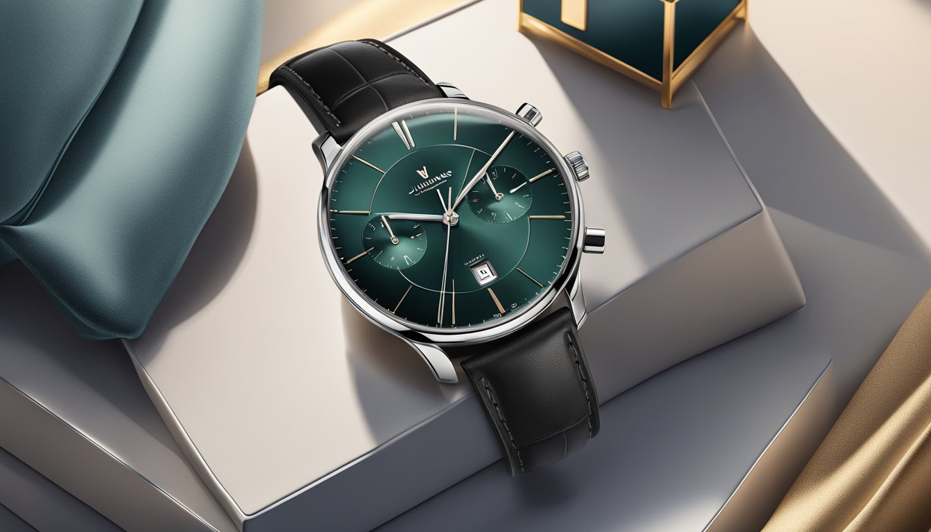A luxurious Junghans watch displayed on a velvet cushion in a sleek, modern setting with soft, ambient lighting