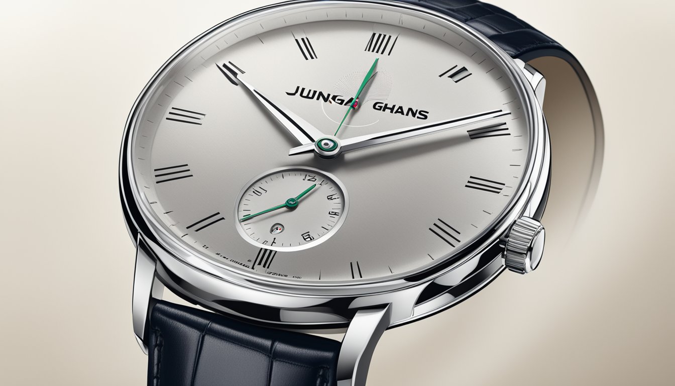 A sleek, modern watch with the Junghans logo displayed prominently against a backdrop of classic and elegant design elements