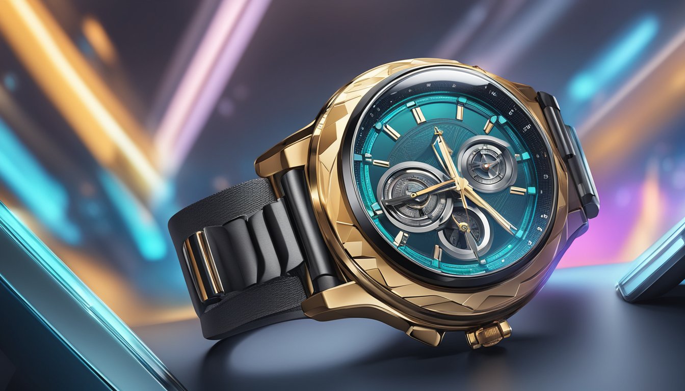 A sleek, modern watch with intricate details sits against a backdrop of futuristic technology and innovation