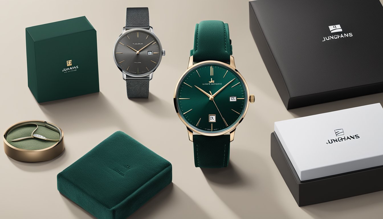 A sleek Junghans watch sits on a luxurious velvet display cushion, surrounded by elegant packaging and branding materials