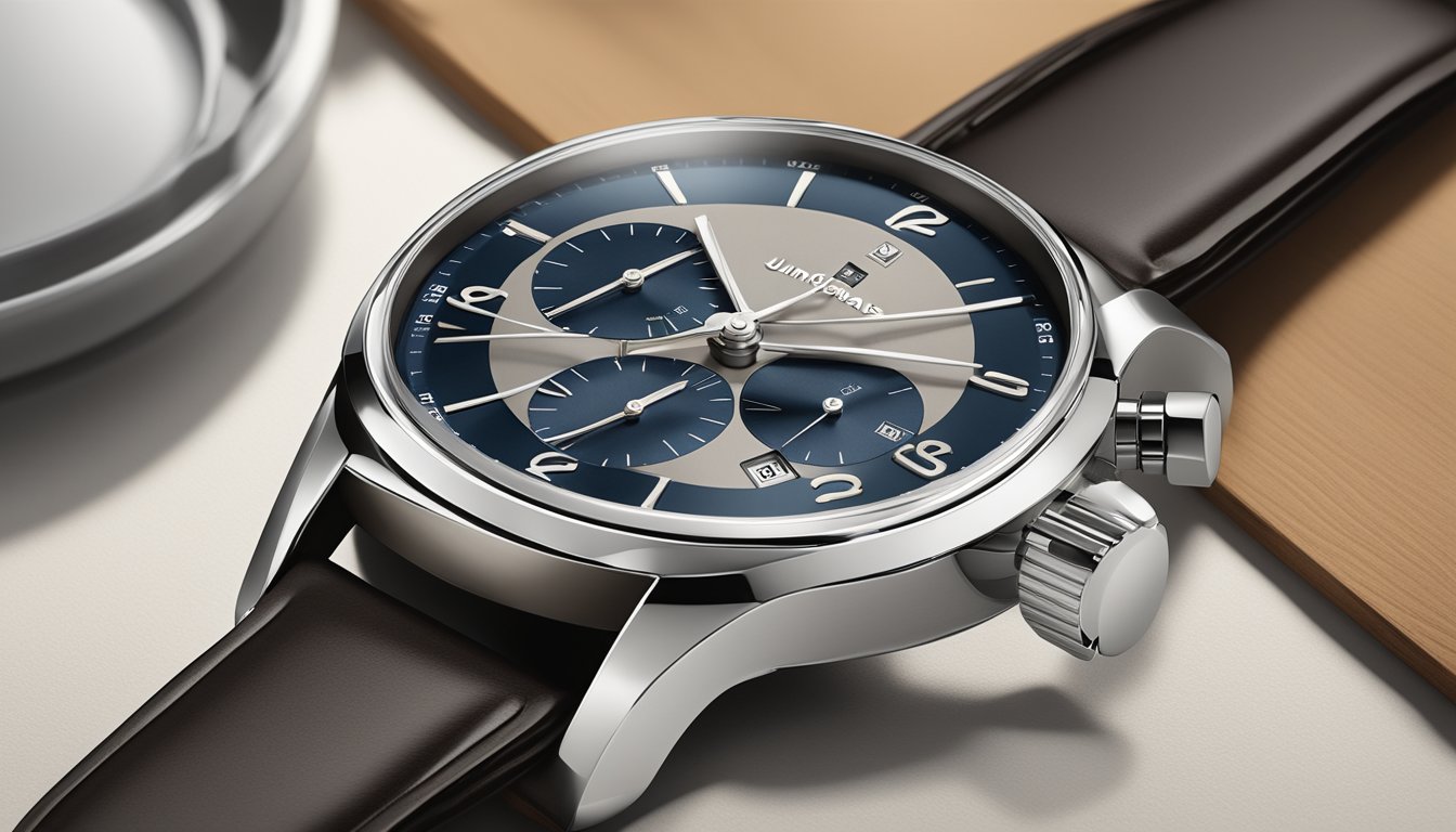 A Junghans watch sits on a polished wooden display, showcasing its exquisite craftsmanship and high-quality materials