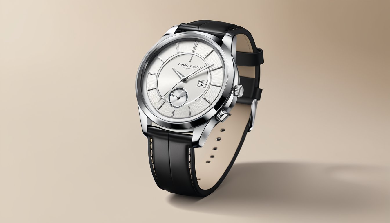 A sleek, modern watch sits on a luxurious display stand, surrounded by elegant branding and sophisticated packaging