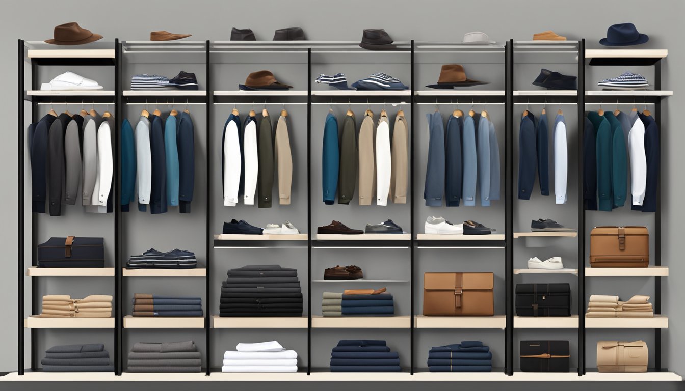A display of Italian men's clothing brands arranged on sleek shelves in a modern boutique