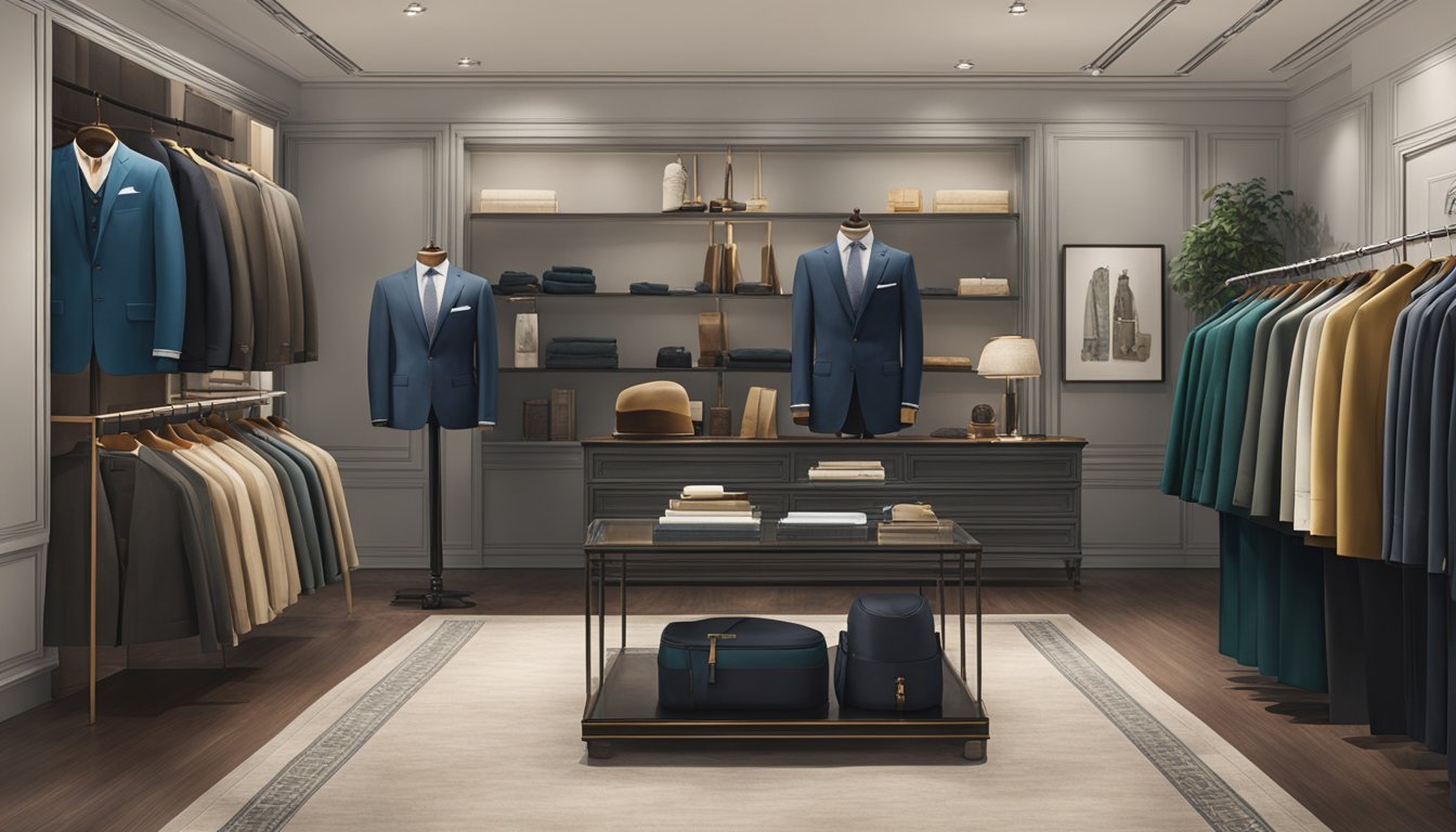 A display of fine Italian menswear brands, showcasing luxurious fabrics and materials in a stylish setting